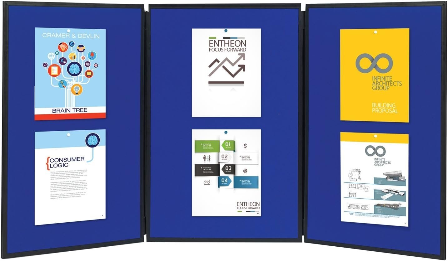 image:imageQuartet Bulletin Board Fabric 3Panel Display 6 x 3 Doublesided BlueGray Surface Black Frame Exhibition ShowIt SB93513Q