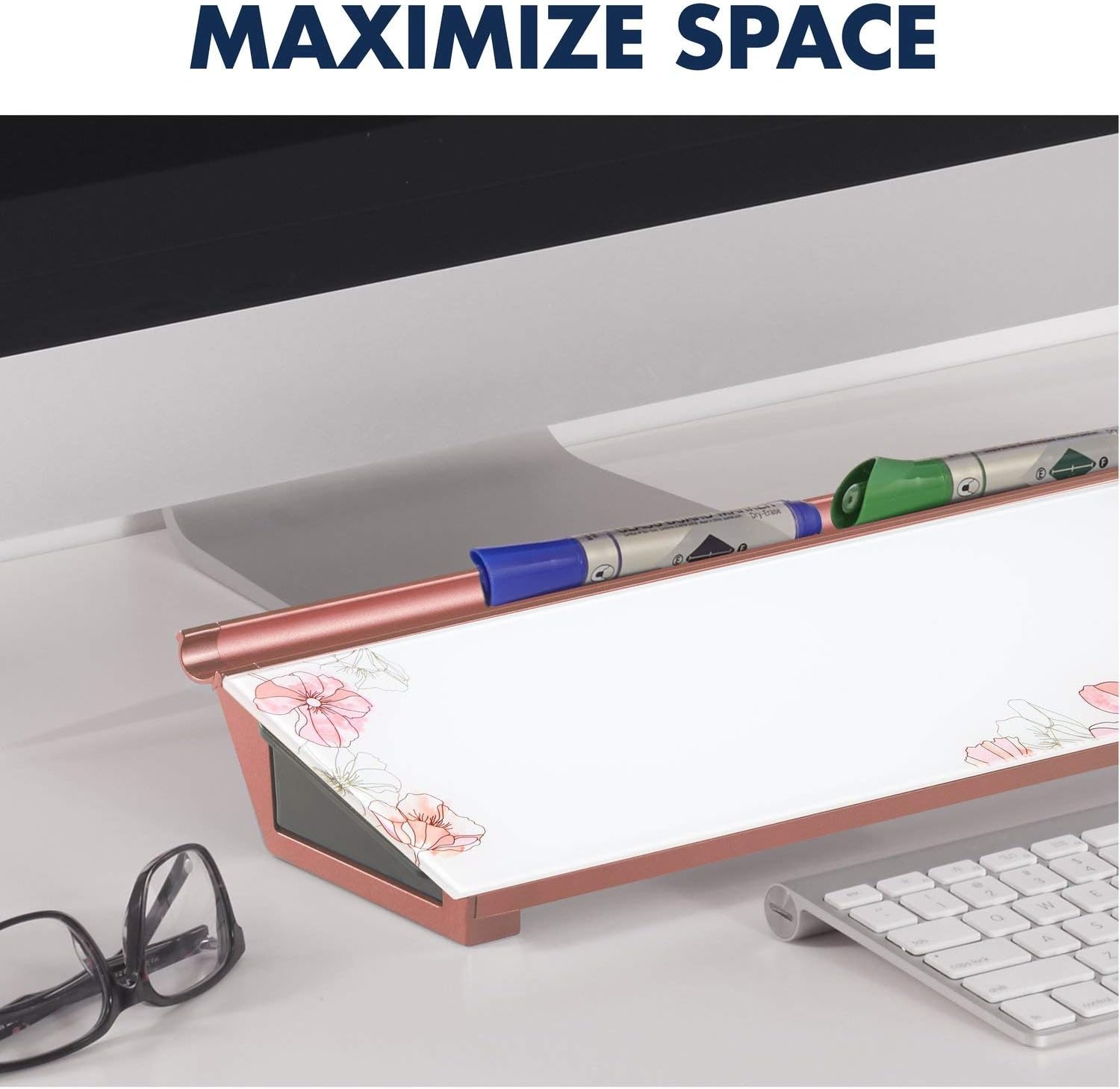 image:imageQuartet Glass Dry Erase White Board Desktop Computer Pad for Notetaking 18 x 6 Whiteboard Clean Erase Surface with Storage 1 Dry Erase Marker White Surface GDP186Floral
