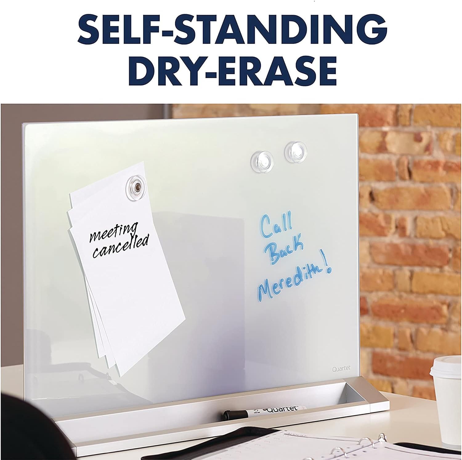 image:imageQuartet Glass Whiteboard Desktop Panel Magnetic 17 x 23 Dry Erase Surface Includes Accessory Trays 1 Marker and 2 HighPower Magnets White GDP1723W