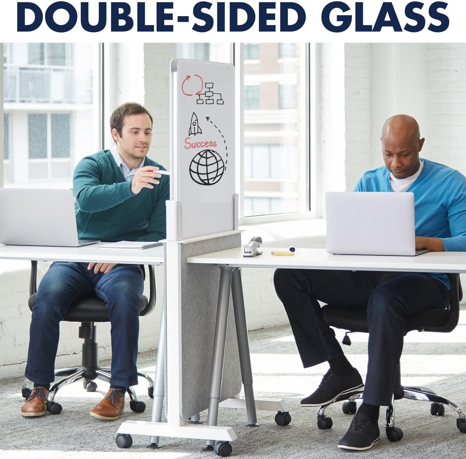 image:imageQuartet Whiteboard Easel Glass Dry Erase Board Rolling Easel Stand On Wheels DoubleSided Privacy Screen with Adjustable Height Includes 1 Marker Creates Private Interactive Workspaces Q293066W