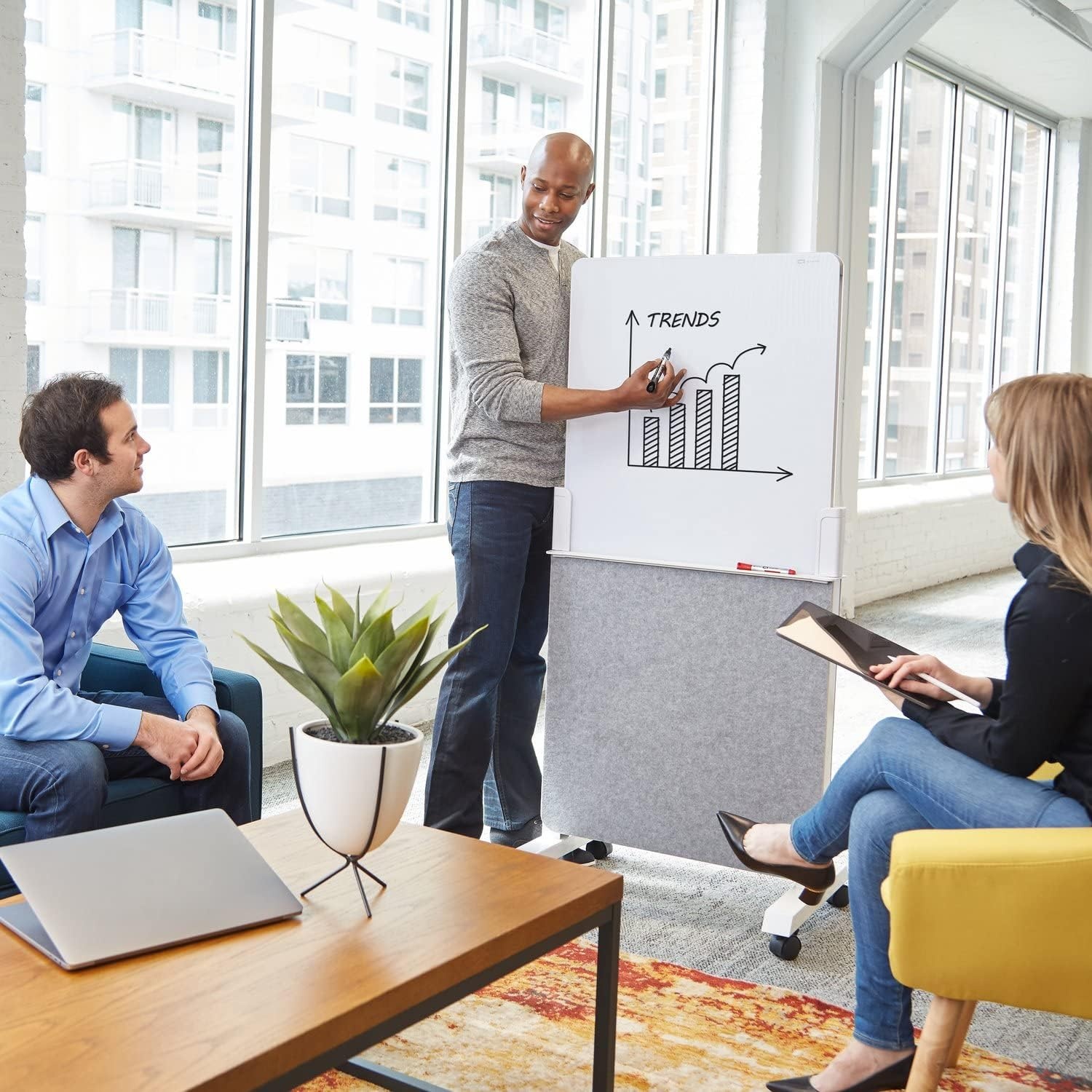 image:imageQuartet Whiteboard Easel Glass Dry Erase Board Rolling Easel Stand On Wheels DoubleSided Privacy Screen with Adjustable Height Includes 1 Marker Creates Private Interactive Workspaces Q293066W