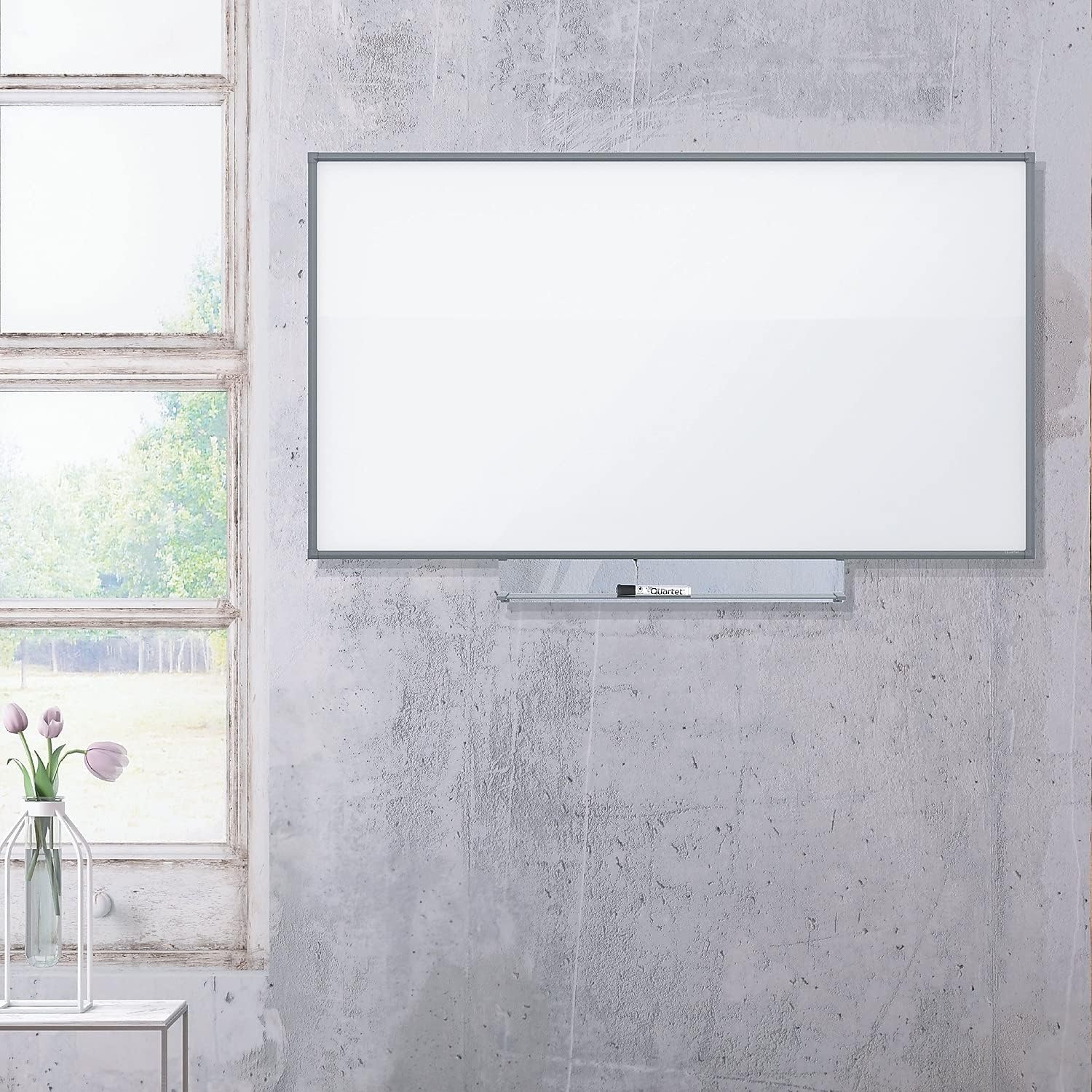image:imageQuartet Whiteboard Non Magnetic White Board 85 x 48 Dry Erase Board Total Erase Silhouette Wide 16 9 Silver Frame C8548Charcoal Frame