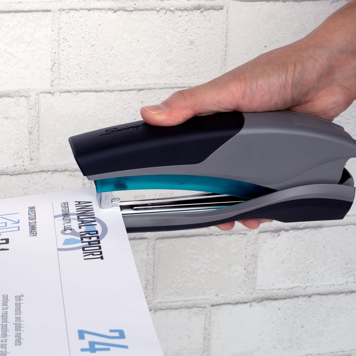 image:imageSwingline Stapler 25 Sheet Capacity Optima 25 Jam Free Reduced Effort Soft Grip Blue and Gray 664041 Count Pack of 1