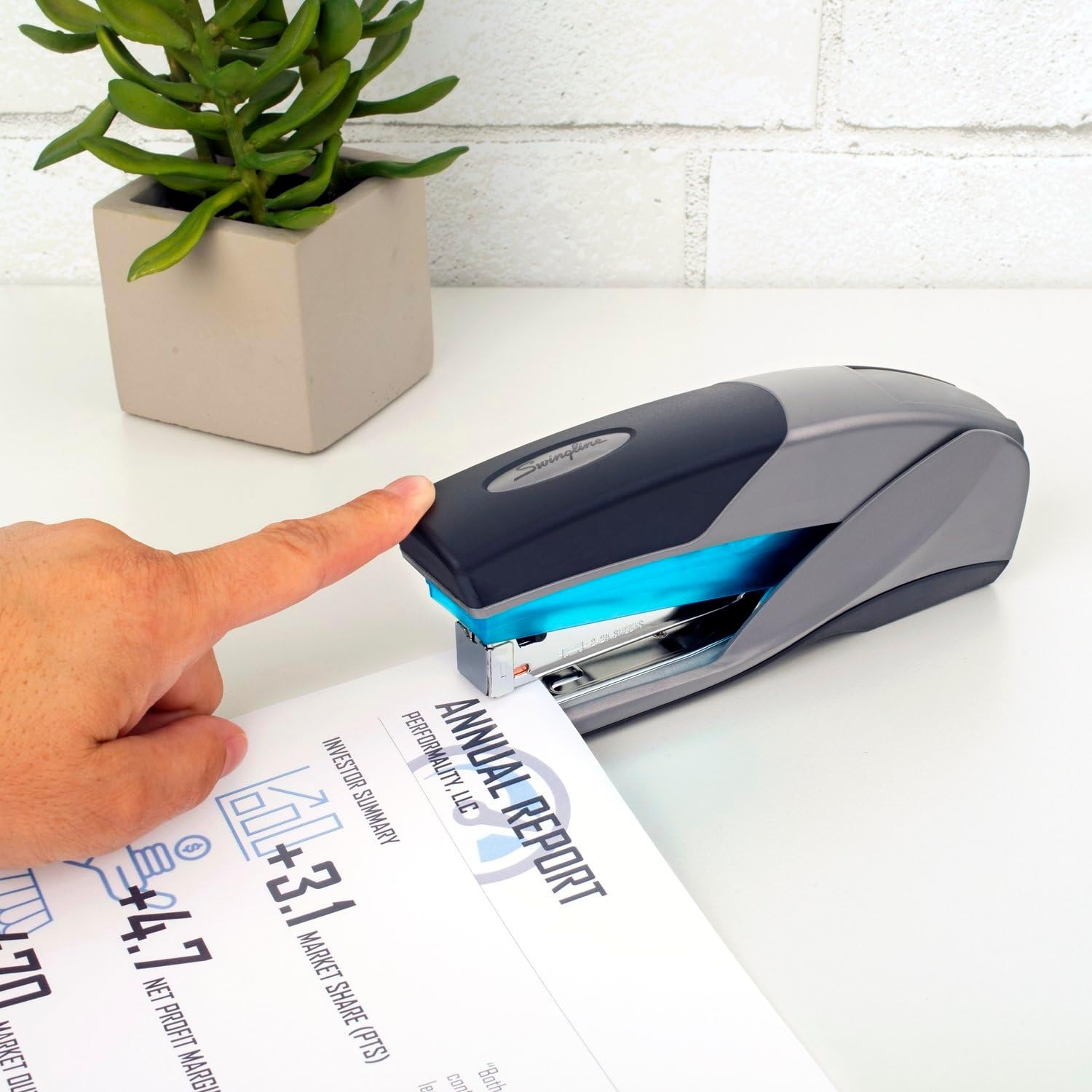 image:imageSwingline Stapler 25 Sheet Capacity Optima 25 Jam Free Reduced Effort Soft Grip Blue and Gray 664041 Count Pack of 6