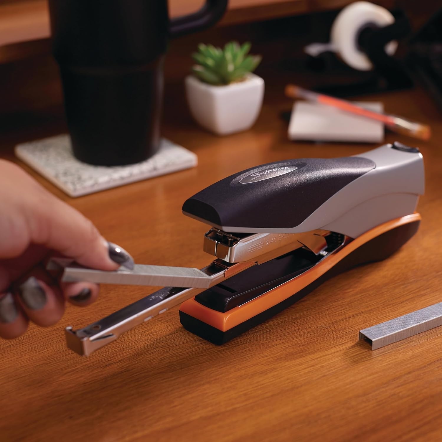 image:imageSwingline Stapler 40 Sheet Capacity Optima 40 Jam Free Reduced Effort Soft Grip Metal Orange and Gray 87845Pack of 1