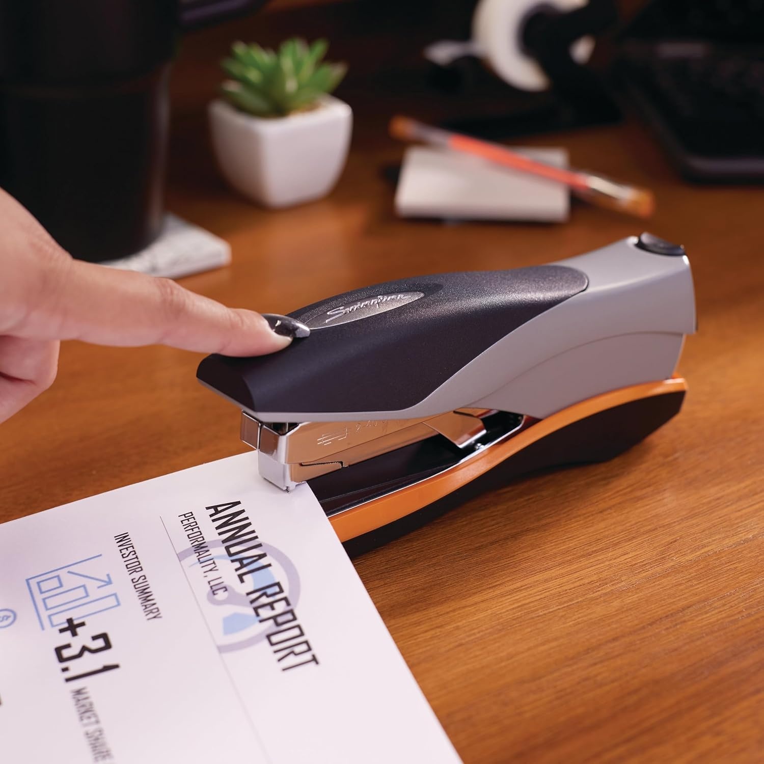 image:imageSwingline Stapler 40 Sheet Capacity Optima 40 Jam Free Reduced Effort Soft Grip Metal Orange and Gray 87845Pack of 1